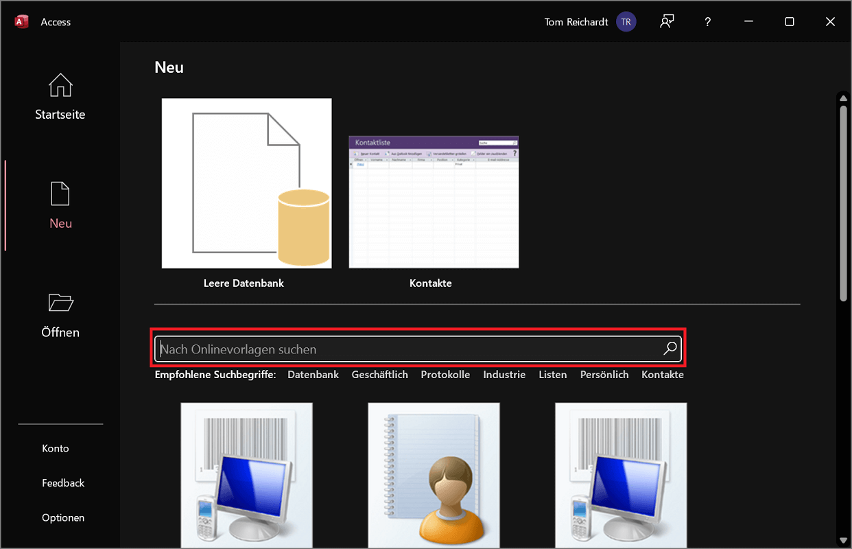 Rechercher des modèles en ligne dans Access