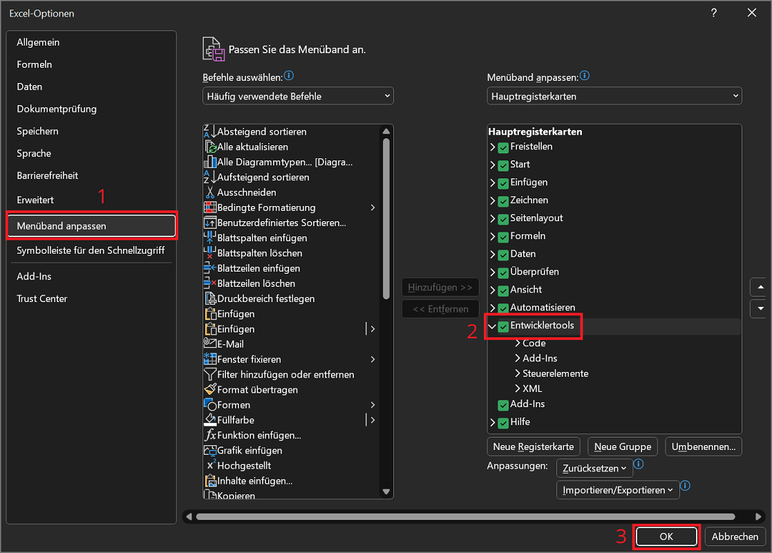 Afficher les outils de développement dans les options Excel