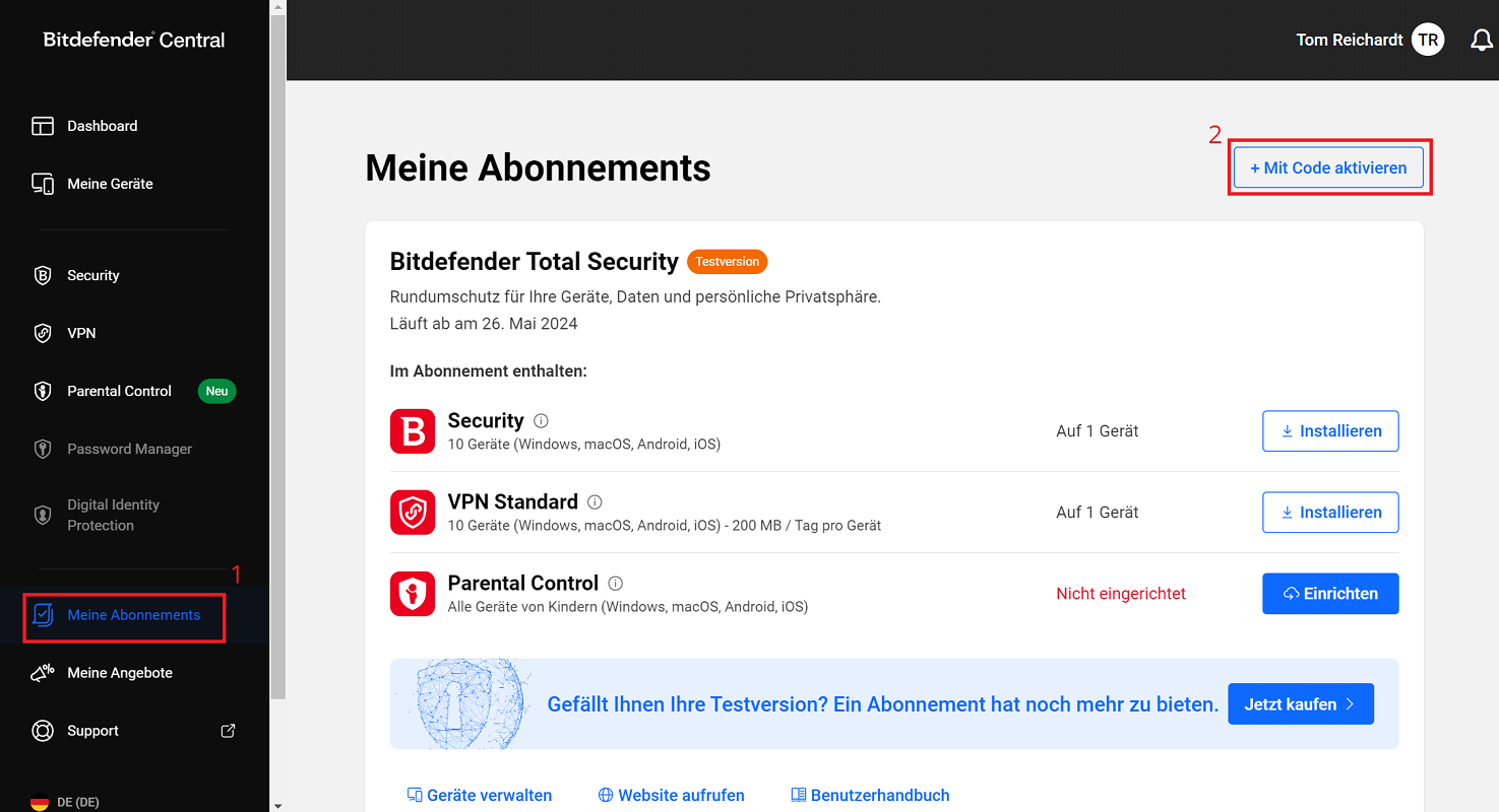 Prolongez le code d'activation et activez Bitdefender