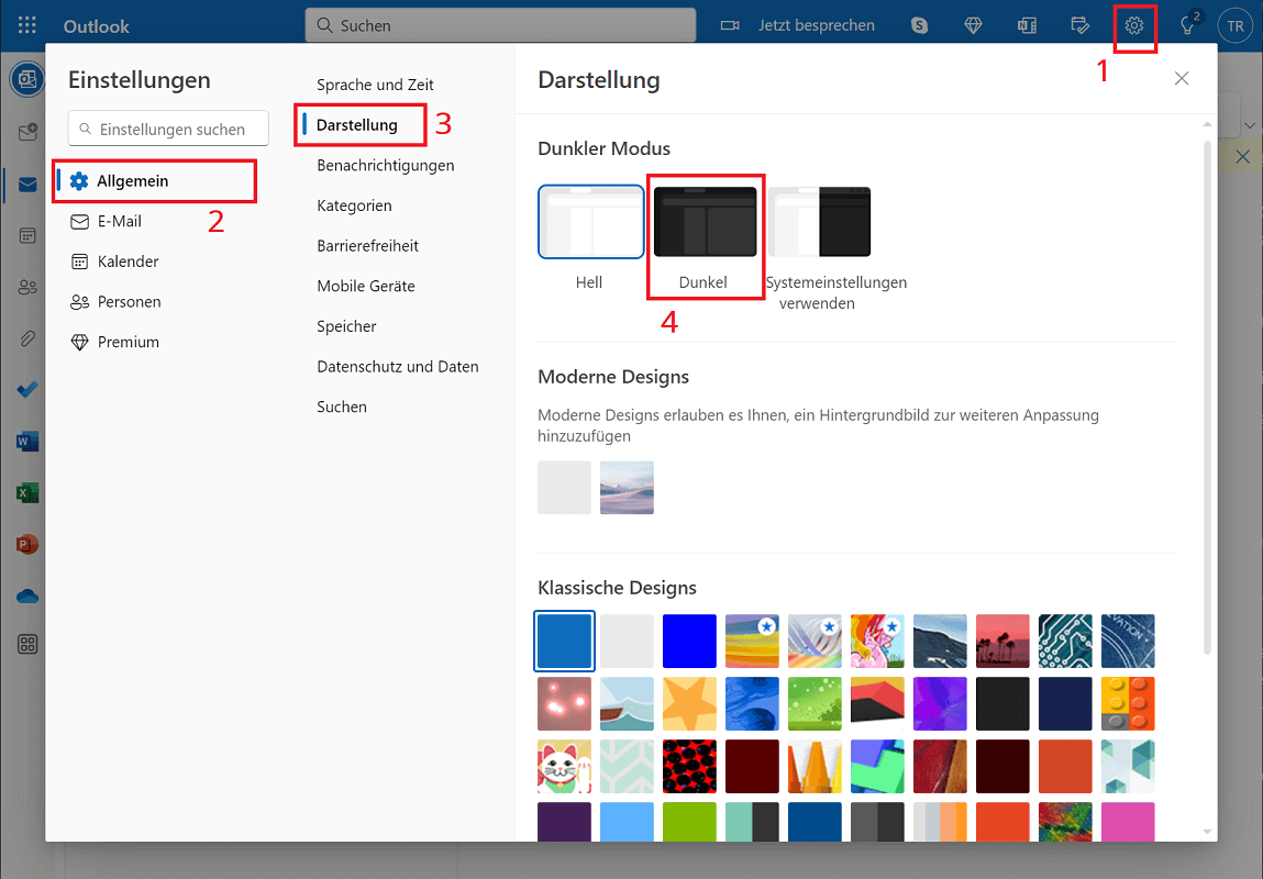 Activer le mode sombre dans Outlook dans le navigateur Internet