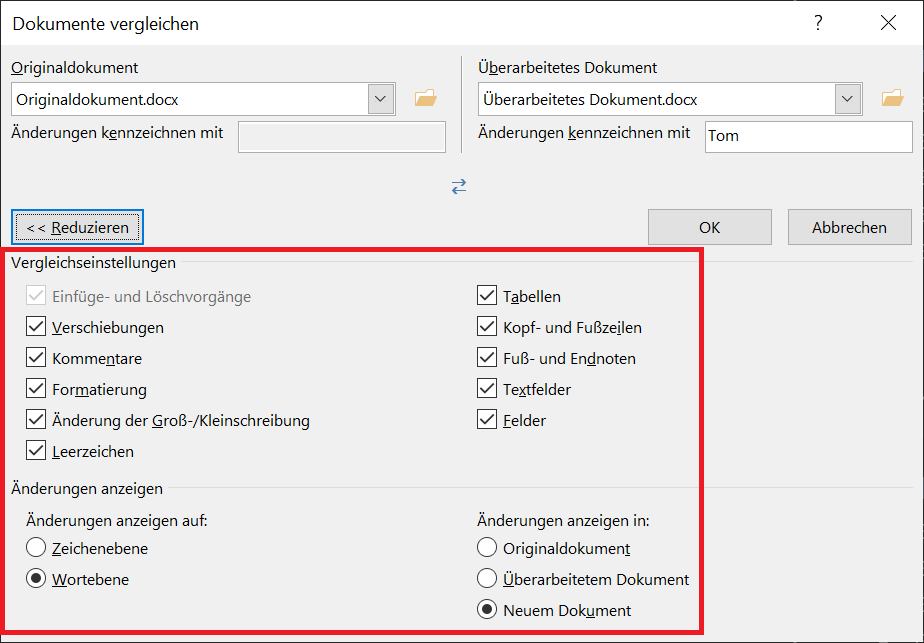 Options avancées lors de la comparaison de documents
