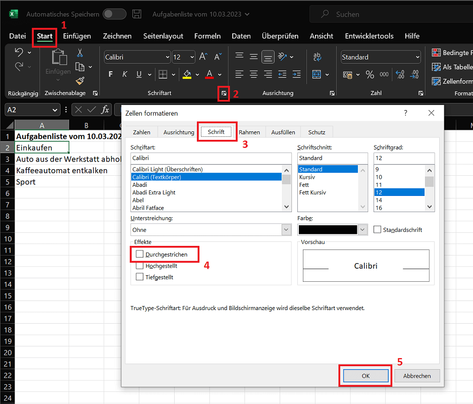 Excel : Fonction barré dans les options