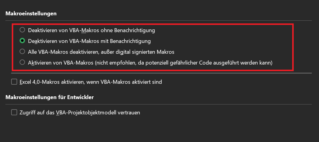 Paramètres de sécurité des macros individuelles dans Excel