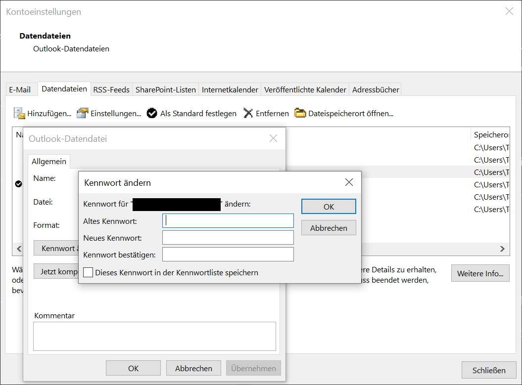 Changer le mot de passe du fichier Outlook