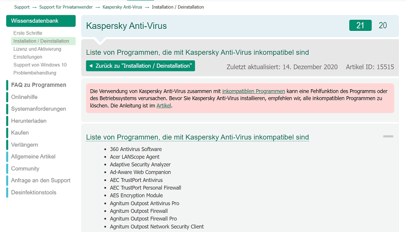 Liste de tous les programmes incompatibles avec Kaspersky Tools