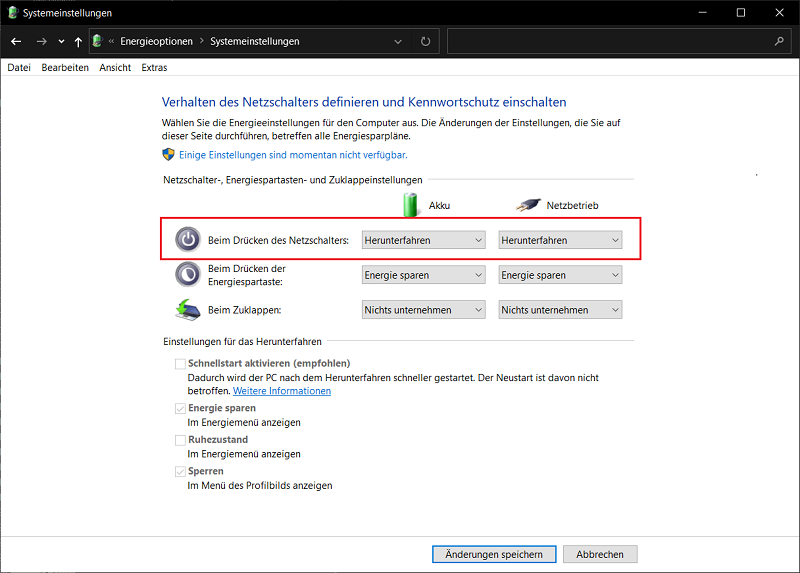 Configuration du bouton d'alimentation pour un arrêt rapide de Windows 10