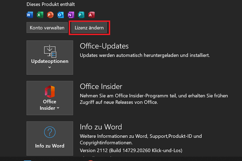 Changer Office 2016 Saisissez les options