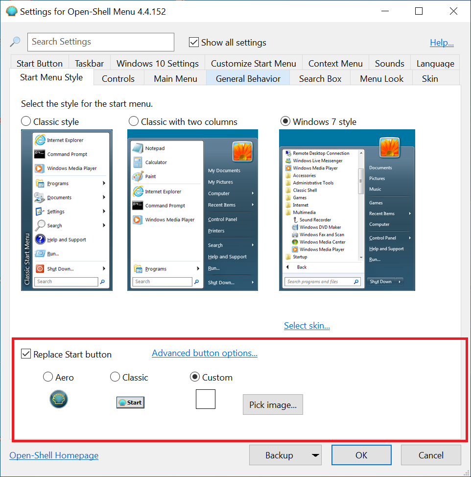 Insérez le bouton de démarrage classique de Windows 7 dans Windows 10 avec Open Shell