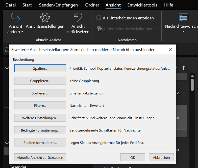 Paramètres d'affichage Outlook
