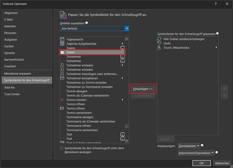 Ajouter une fonction de partage dans les paramètres Outlook