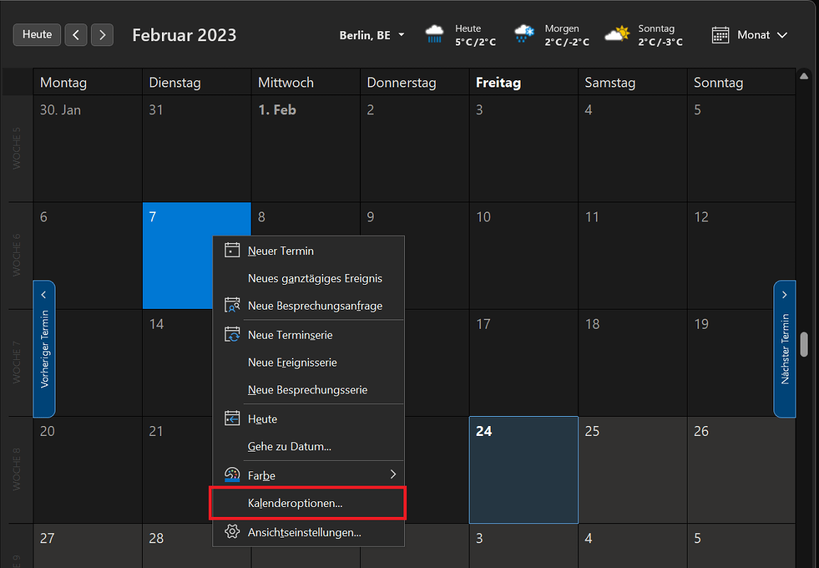 In Outlook die Kalenderwoche über das Kontextmenü anzeigen und aktivieren