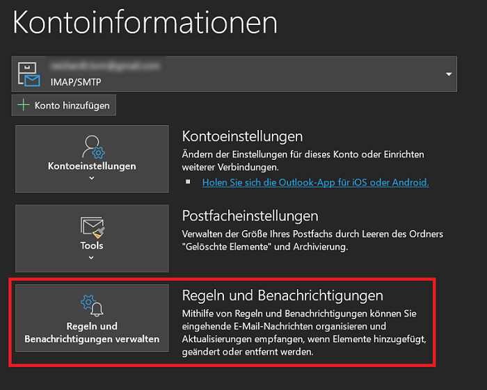 Informations sur le compte Outlook pour configurer des règles, des notifications et des réponses automatiques