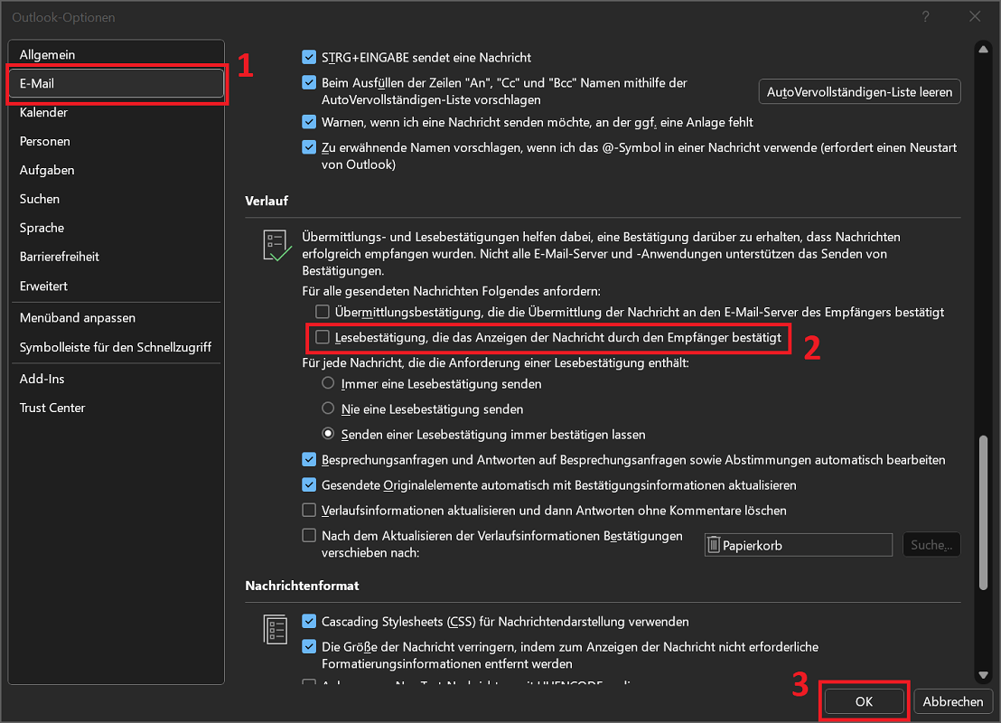 Activer les confirmations de lecture Outlook dans les options