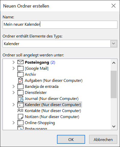 Ajouter un nouveau calendrier dans Outlook