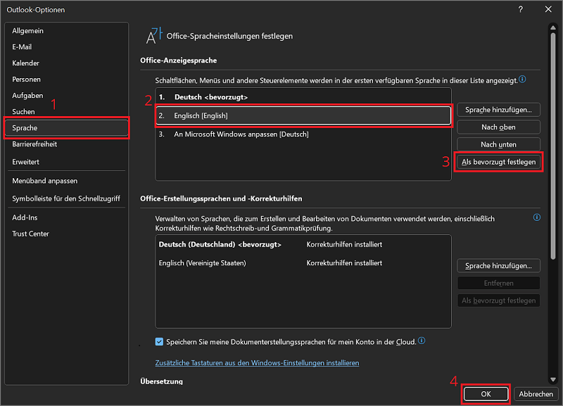 Changer la langue dans les options d'Outlook
