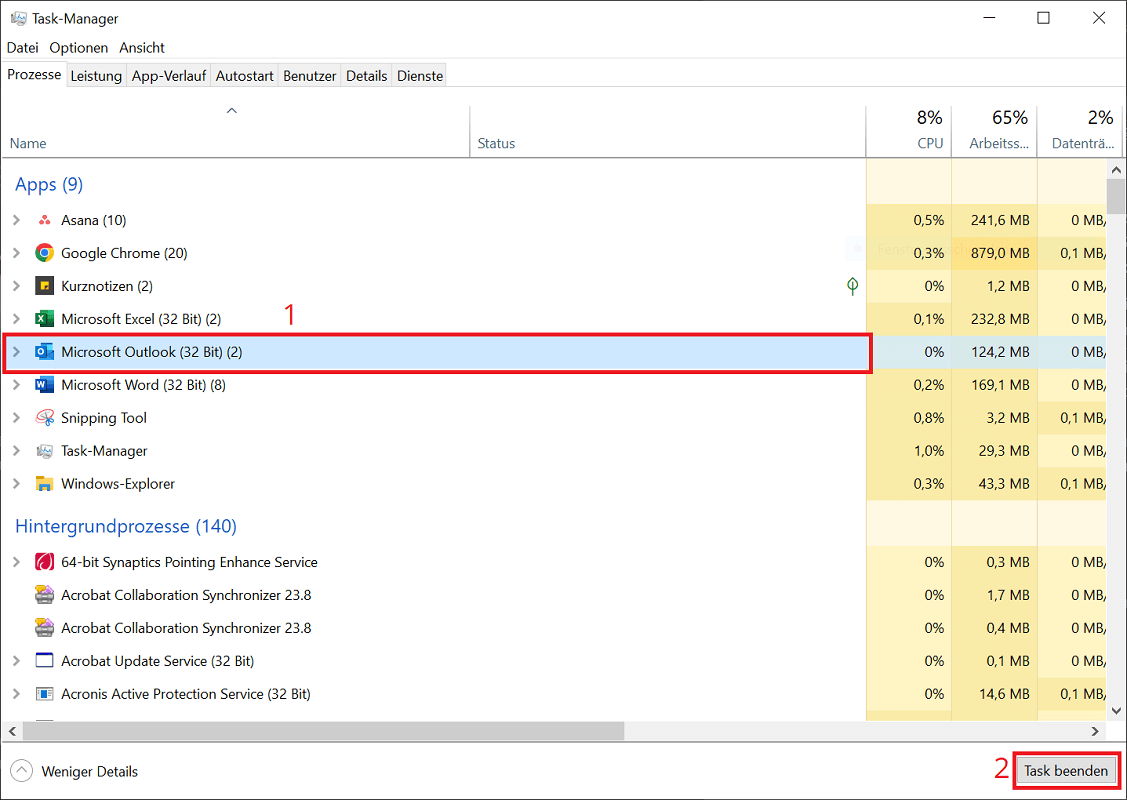 Terminer le processus Outlook dans le Gestionnaire des tâches