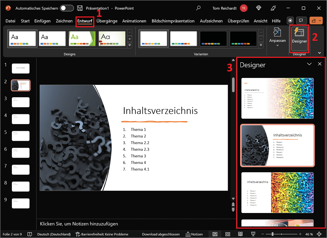 Utilisez le concepteur pour sélectionner un modèle pour la table des matières PowerPoint