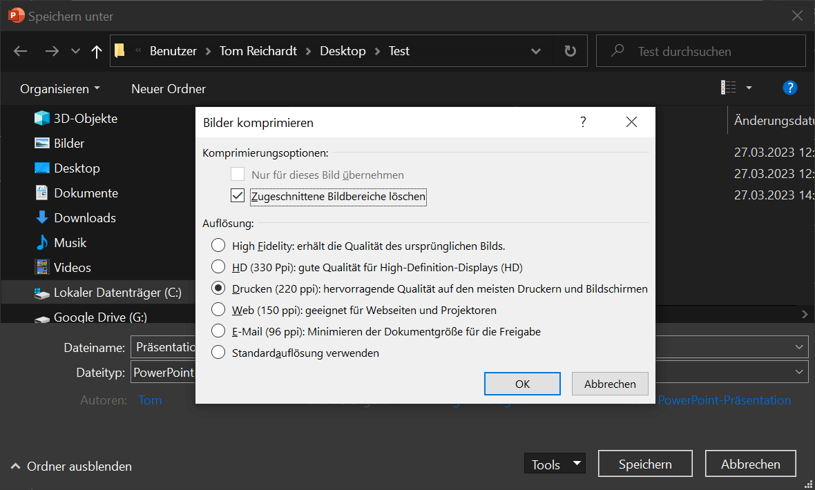Compresser la présentation PowerPoint dans les options