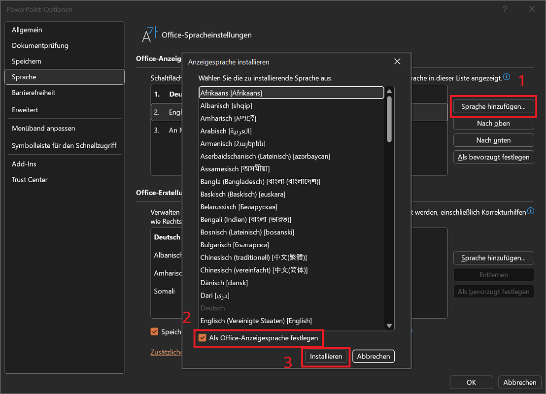 Installer une nouvelle langue d'affichage dans PowerPoint