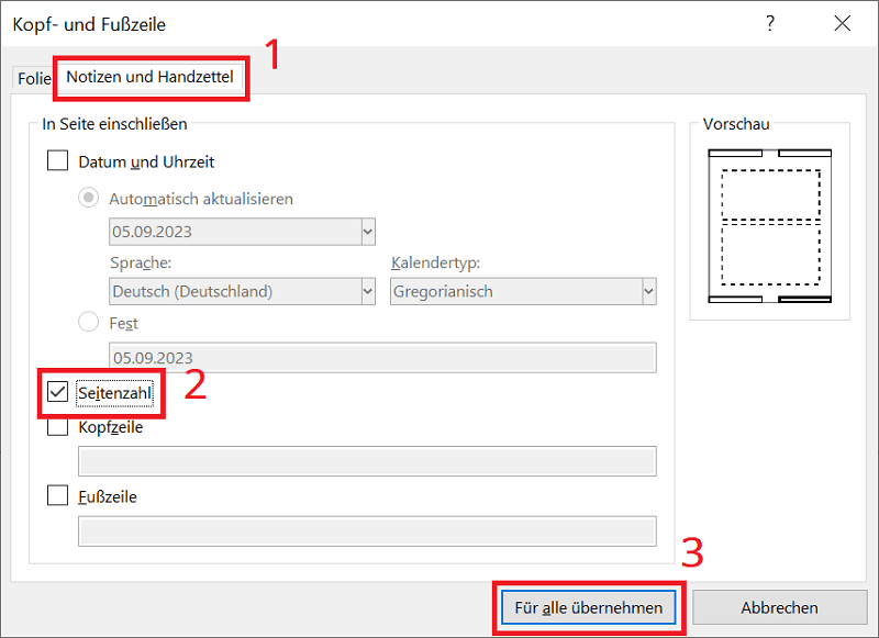 Insérez le numéro de page PowerPoint dans la zone de notes et de documents