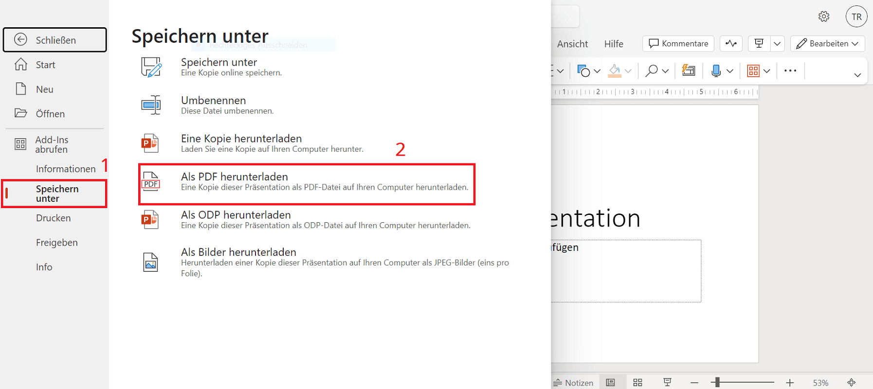 Enregistrer PPTX au format PDF dans la version Web PowerPoint