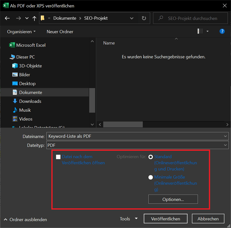 Options d'enregistrement pour convertir Excel en PDF