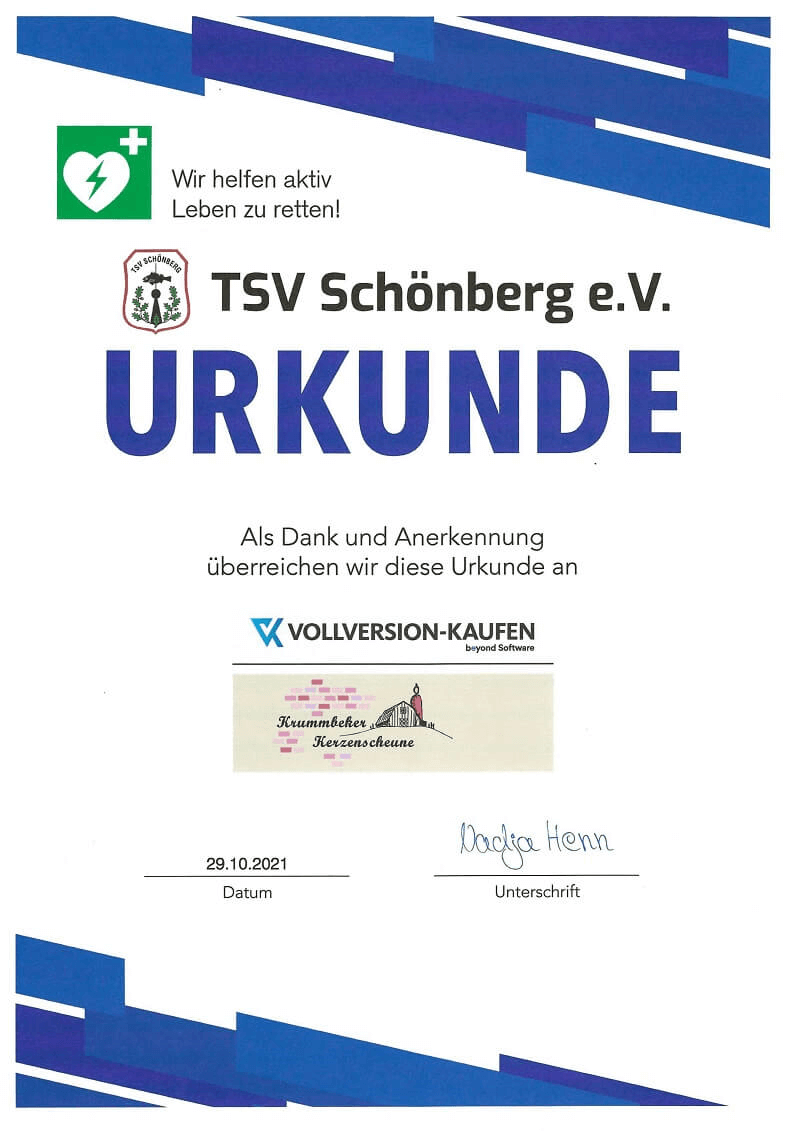Urkunde des TSV Schönberg an Version Complete für den neuen Defibrillator