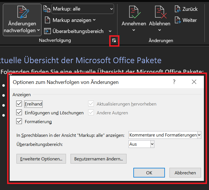 Weitere Optionen zum Nachverfolgen von Änderungen