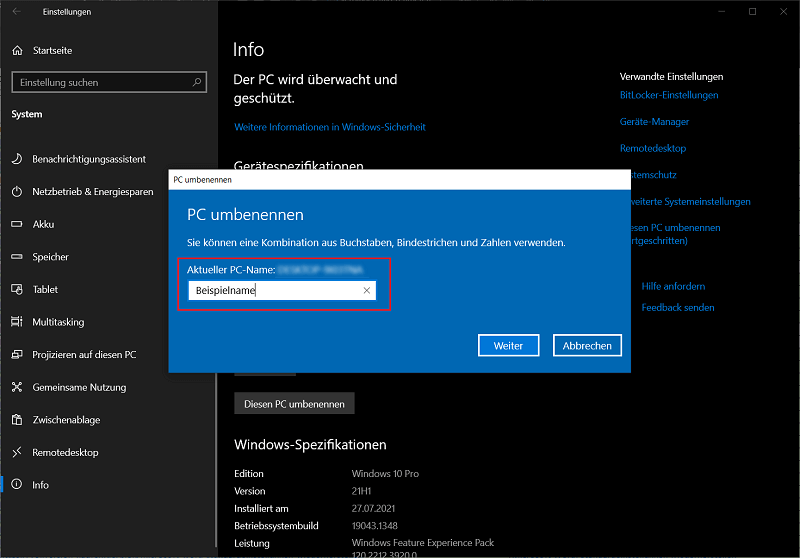 Changer le nom de l'ordinateur dans les paramètres de Windows 10