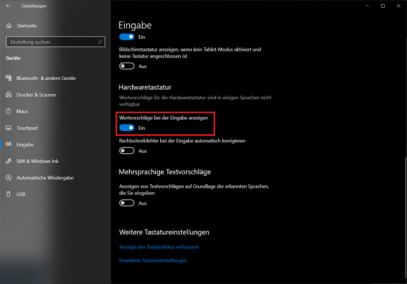 Activer les suggestions de texte dans les paramètres de Windows 10