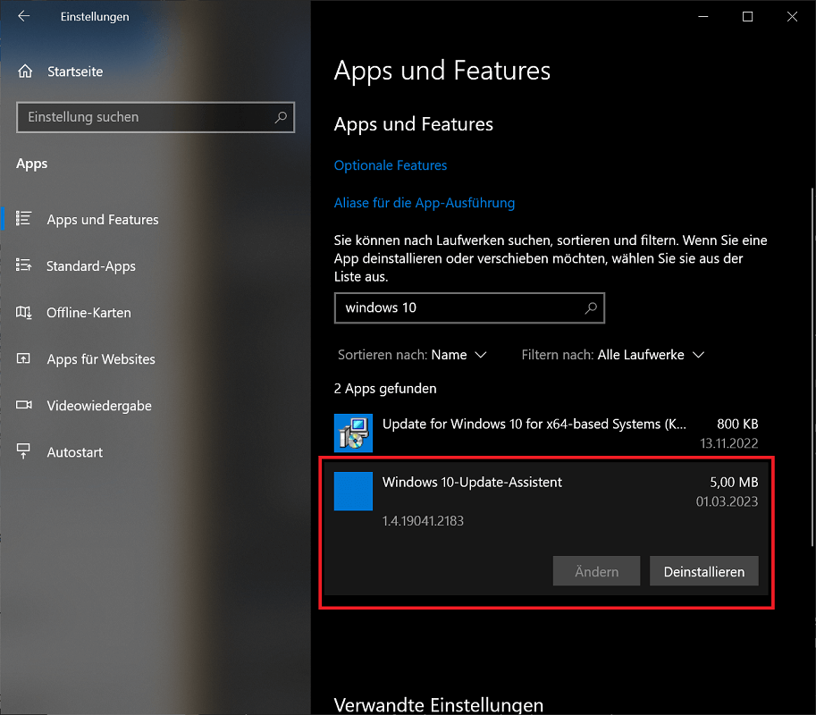 Désinstaller l'assistant de mise à jour de Windows 10