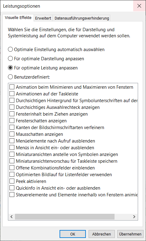 Désactivez les effets visuels dans Windows 10 dans les options de performances