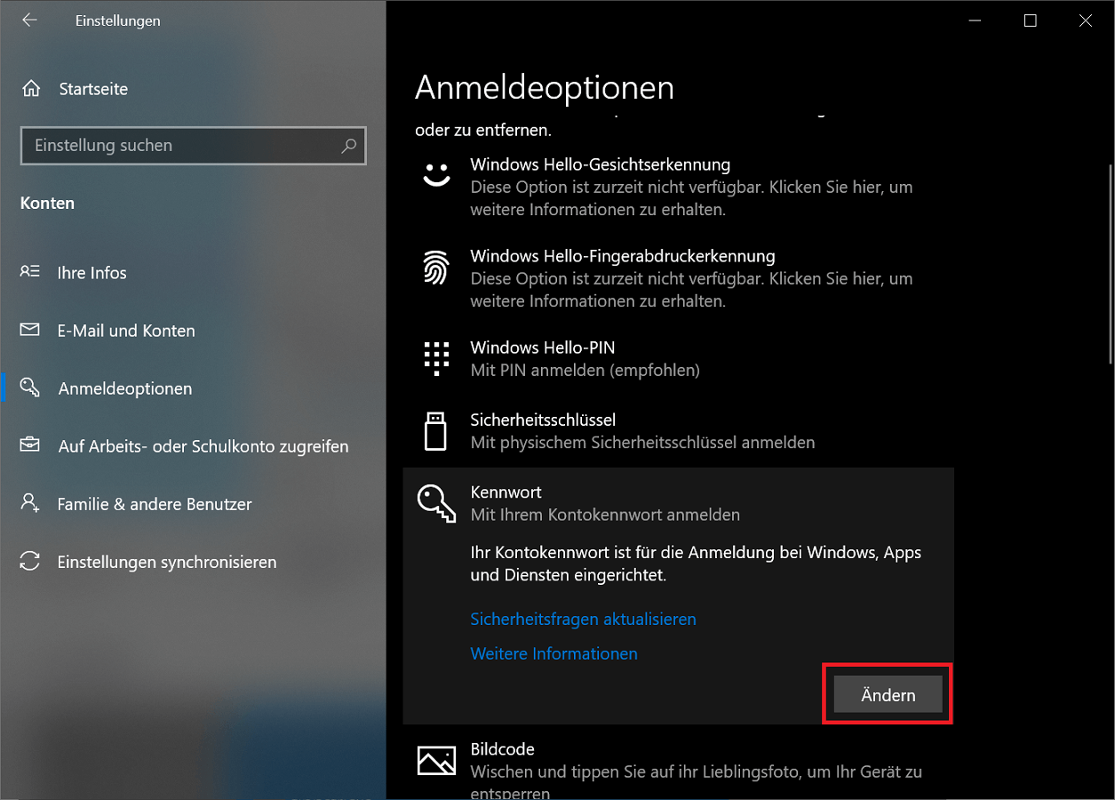 Changer le mot de passe dans les options de connexion Windows