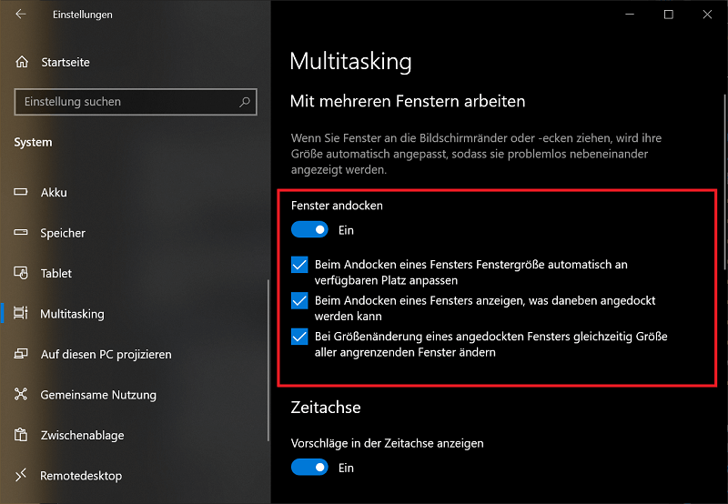 Activez la fonction multitâche dans Windows 10 pour partager l'écran Windows