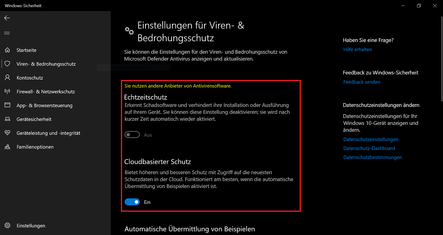Paramètres dans lesquels Windows Defender est désactivé