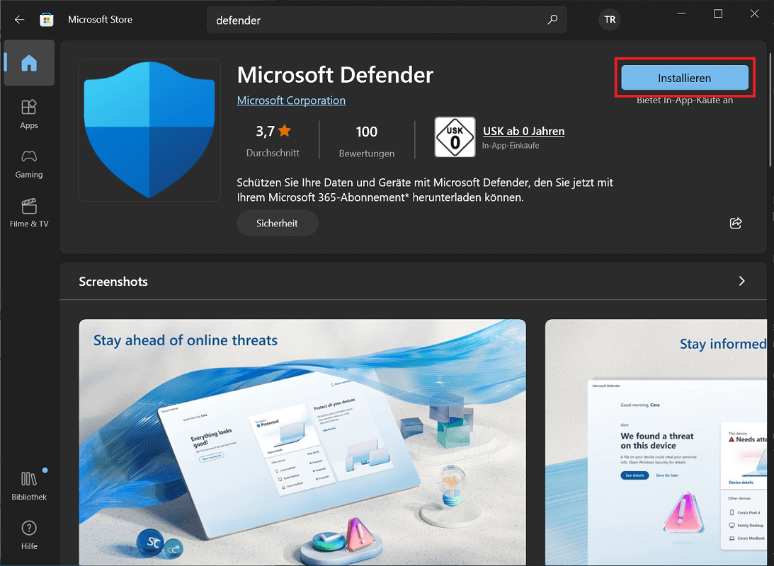 Téléchargement et installation de Windows Defender
