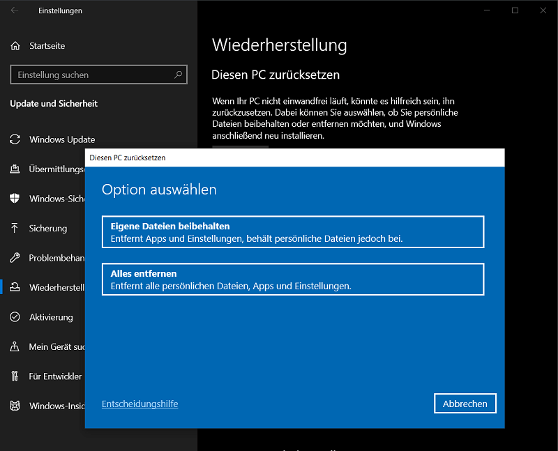 Réinstallez Windows dans Paramètres, en supprimant tous les fichiers et programmes