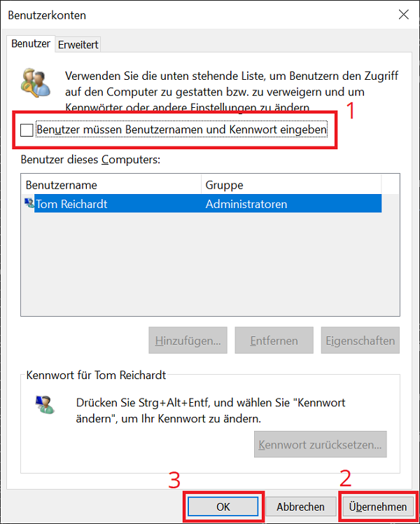 Désactiver le mot de passe Windows pour le démarrage du PC dans les comptes d'utilisateurs