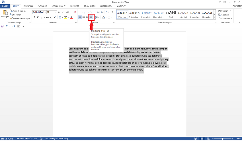 Blocksatz Button in Word