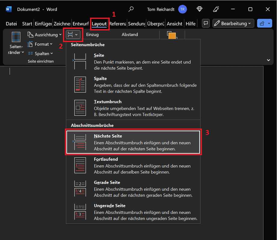 Microsoft Word : définir une seule page avec un saut de section au format paysage