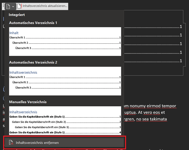 Supprimer la table des matières dans Word