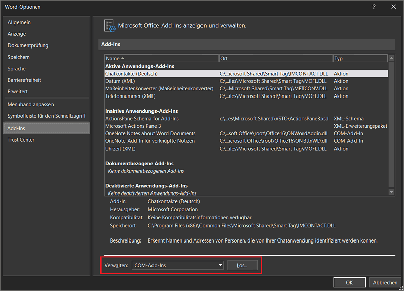 Gérer les compléments dans les options Word