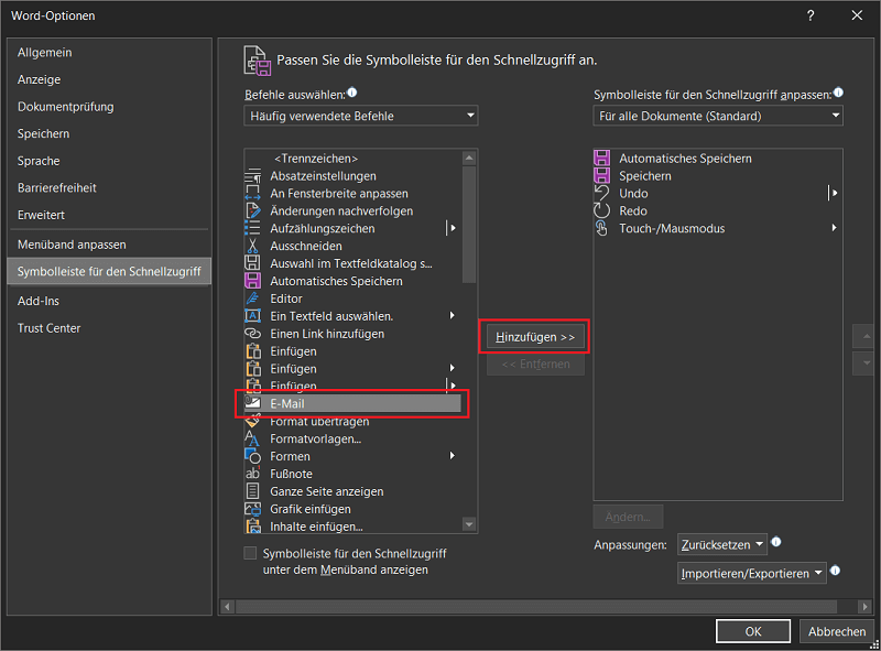 Ajouter un raccourci de courrier électronique dans les options de Word