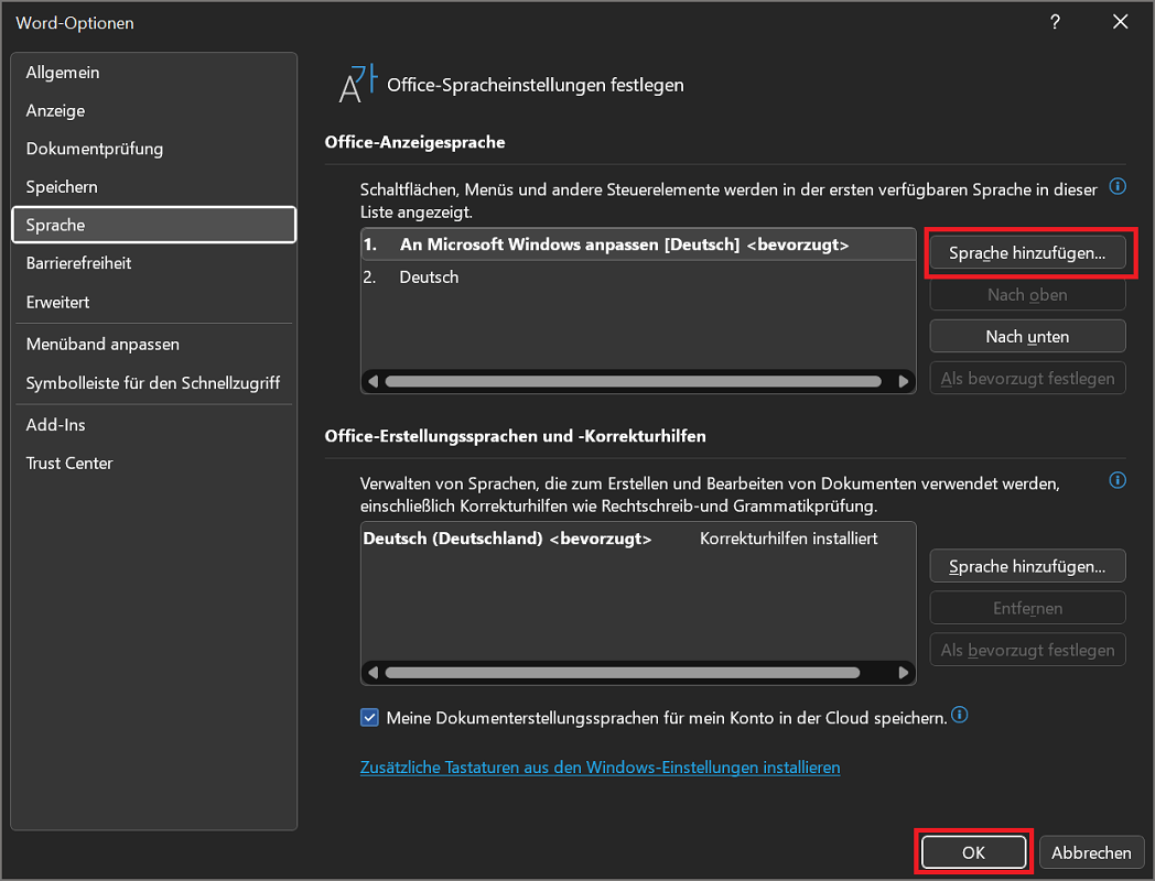 Changer la langue dans les options de Word