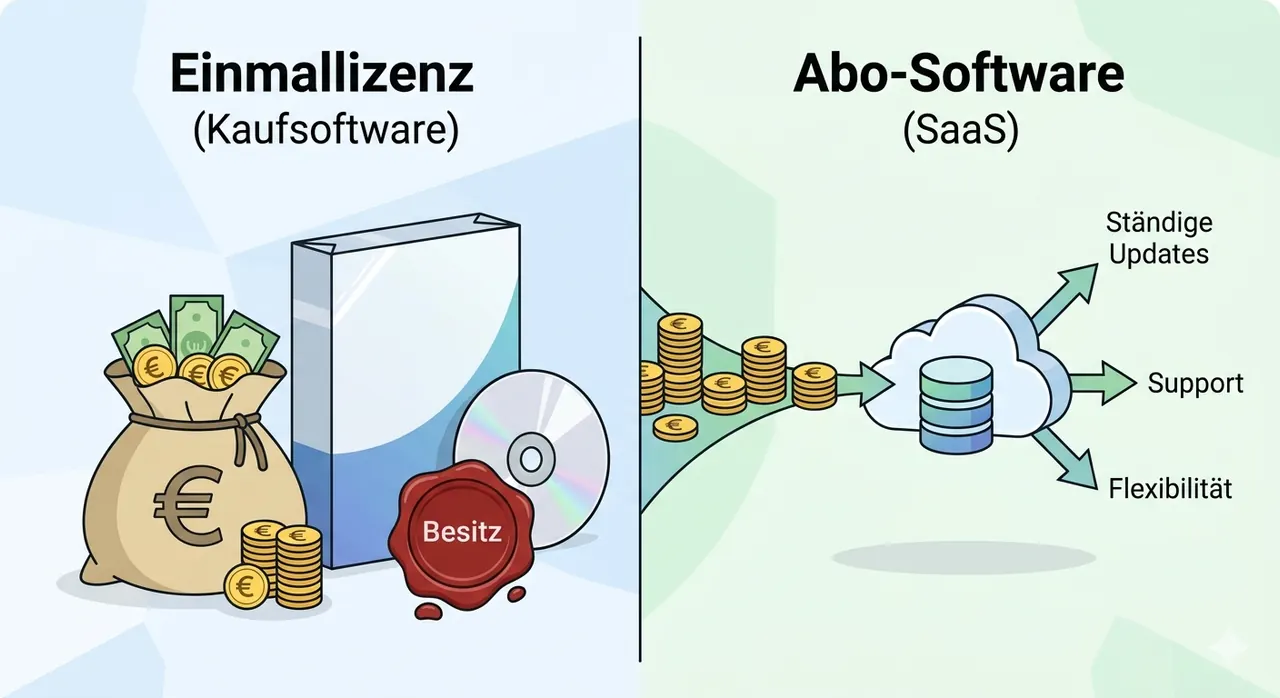 Illustration vectorielle minimaliste : avantages d'un logiciel à licence unique (sac d'euros, sceau « propriété ») par rapport aux logiciels d'abonnement (cloud, mises à jour des flèches et flexibilité)